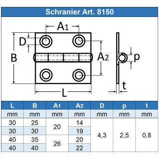 Scharnier 40 x 35 x 0,8 mm, Edelstahl A2